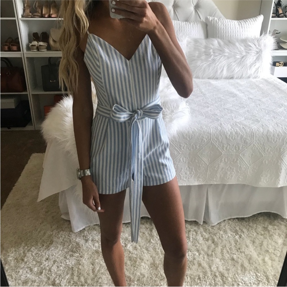 Sugar and lips- blue and white pinstriped romper